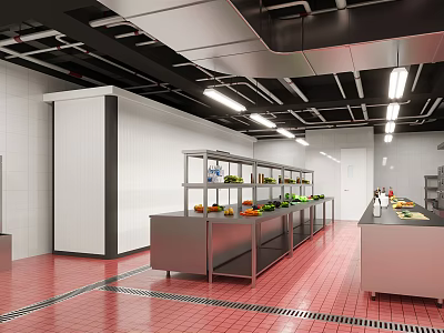 Restaurant Kitchen Interior with Stainless Steel Worktables Fresh Ingredients Red Tiled Flooring and White Walls 3d model