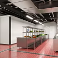 Restaurant Kitchen Interior with Stainless Steel Worktables Fresh Ingredients Red Tiled Flooring and White Walls
