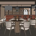 Elegant Restaurant Interior With Wooden Tables Chairs Pendant Lights Bar Counter And Wine Racks