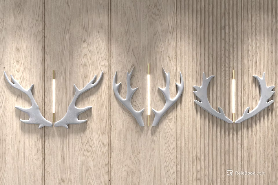 Light Gray Antler Shaped Wall Decor With White Columns On Wooden Wall 3d model 