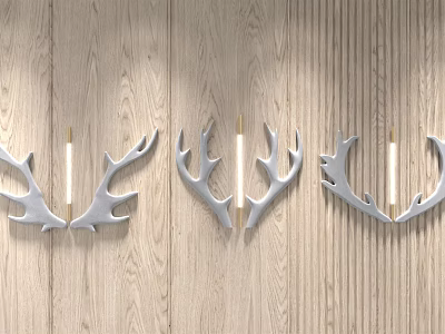 Light Gray Antler Shaped Wall Decor With White Columns On Wooden Wall 3d model