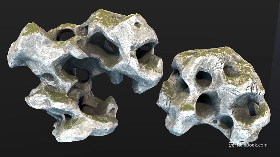 Unique Natural Stone And Wooden Decor Pieces With Hollow Mossy Textures 3d model 