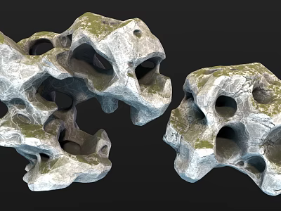 Unique Natural Stone And Wooden Decor Pieces With Hollow Mossy Textures 3d model