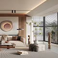 Modern Living Room Interior Design With Sofa Wooden Coffee Table Decorations Green Plant And Wall Art