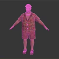 Man in Floral Shirt Red Shorts with Gold Necklace on White Background Arms Outstretched