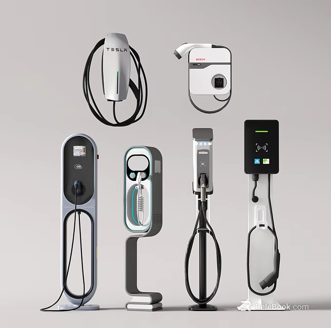Public Electric Vehicle Charging Stations With Various Modern Designs And Interfaces 3d model