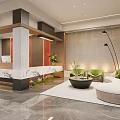 Modern Hotel Lobby Interior With Marble Reception Desk Green Plants And Sofa Seating