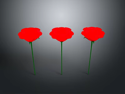 Beautiful Three Red Flowers with Green Stems Against Gray Background 3d model