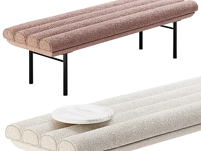 Modern Ribbed Sofa Bench In Pink And Beige With Black Metal Legs And Soft Upholstery 3d model