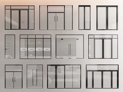 Various Modern Glass Door Designs With Black Frames And Transparent Panels 3d model