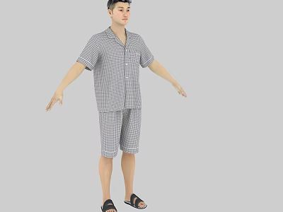 Man In Checkered Pajamas And Slippers With Arms Outstretched On Gray Background 3d model