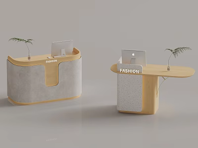Fashion Reception Desk Design With Wooden Concrete And Decorative Plants 3d model