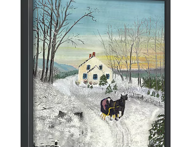 Winter Landscape Painting with Snowy Path Horse Sleigh White House and Sunset Sky Bare Trees 3d model