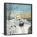 Winter Landscape Painting with Snowy Path Horse Sleigh White House and Sunset Sky Bare Trees