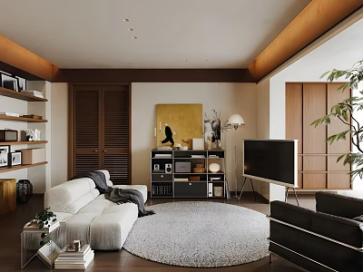 Modern Living Room Interior With White Sofa Black Armchair Round Gray Rug And Wooden Shelves 3d model