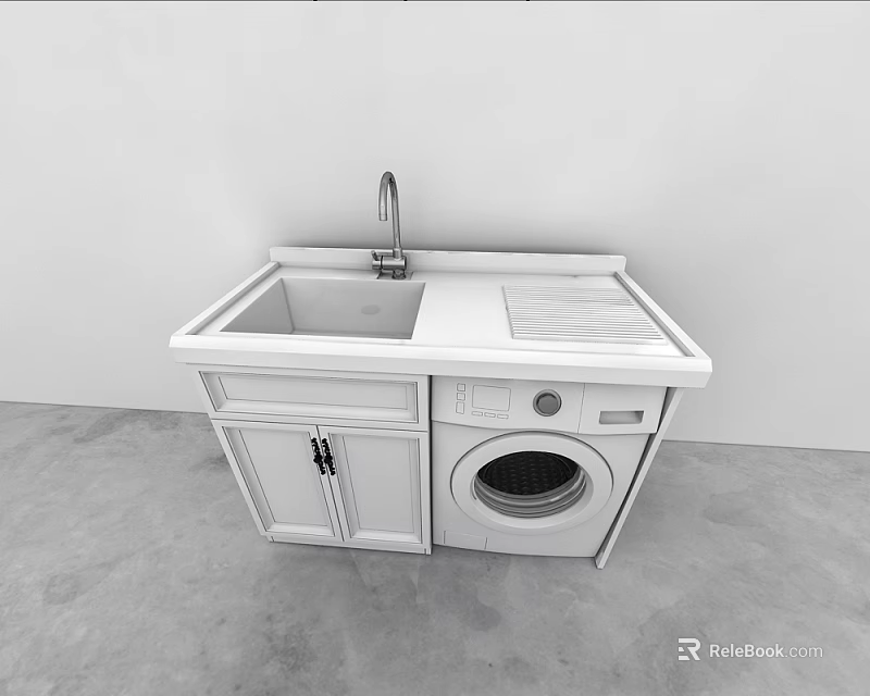 Modern Washbasin with Double Sink Faucet Lower Cabinet and Washing Machine 3d model 