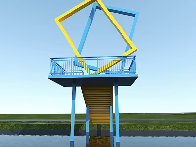 Blue Observation Deck With Yellow Geometric Frames Blue Railings And Yellow Staircase By Water 3d model