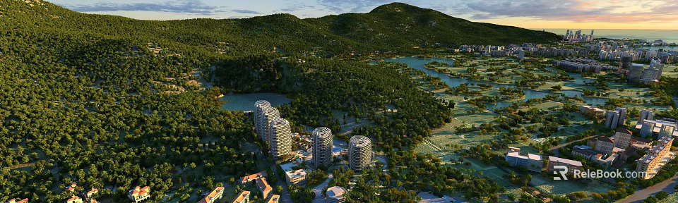 Aerial Planning of Scenic Area with Mountains Lakes Forests and Modern High Rise Buildings 3d model 