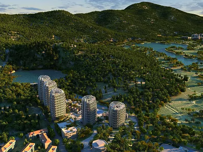 Aerial Planning of Scenic Area with Mountains Lakes Forests and Modern High Rise Buildings 3d model