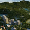 Aerial Planning of Scenic Area with Mountains Lakes Forests and Modern High Rise Buildings