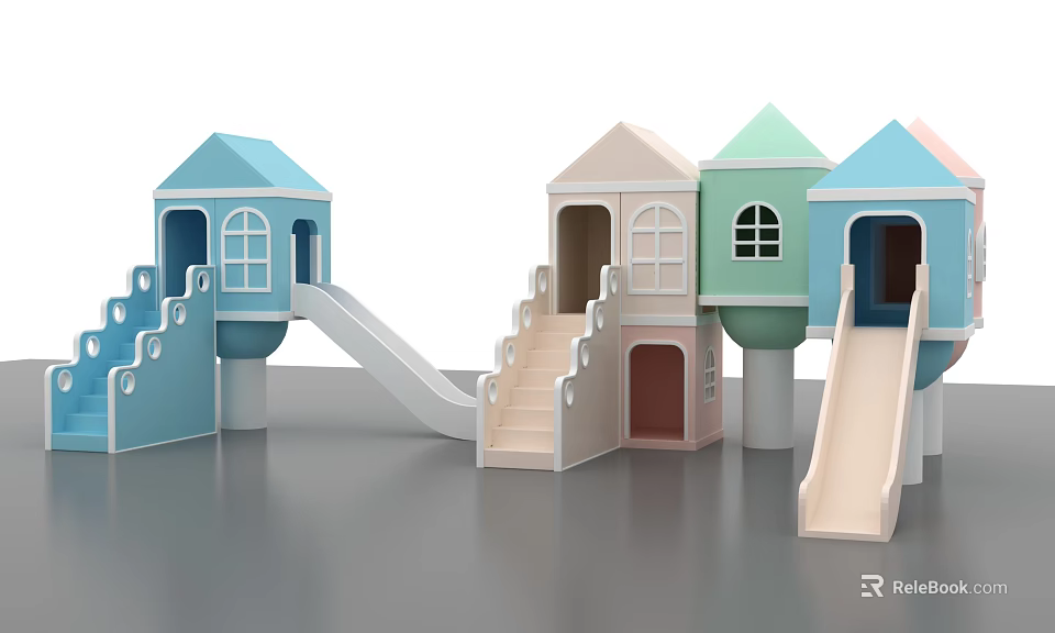 Colorful Kids Playground With Small House Structures And Slides For Children 3d model 