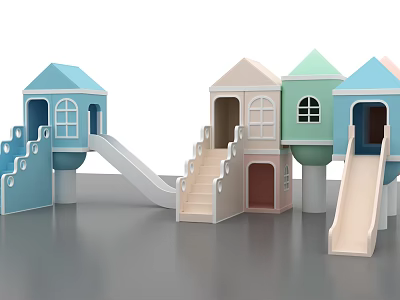 Colorful Kids Playground With Small House Structures And Slides For Children 3d model
