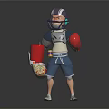 3D Sporty Armored Character With Red Gloves Holding Container Of Small Creatures