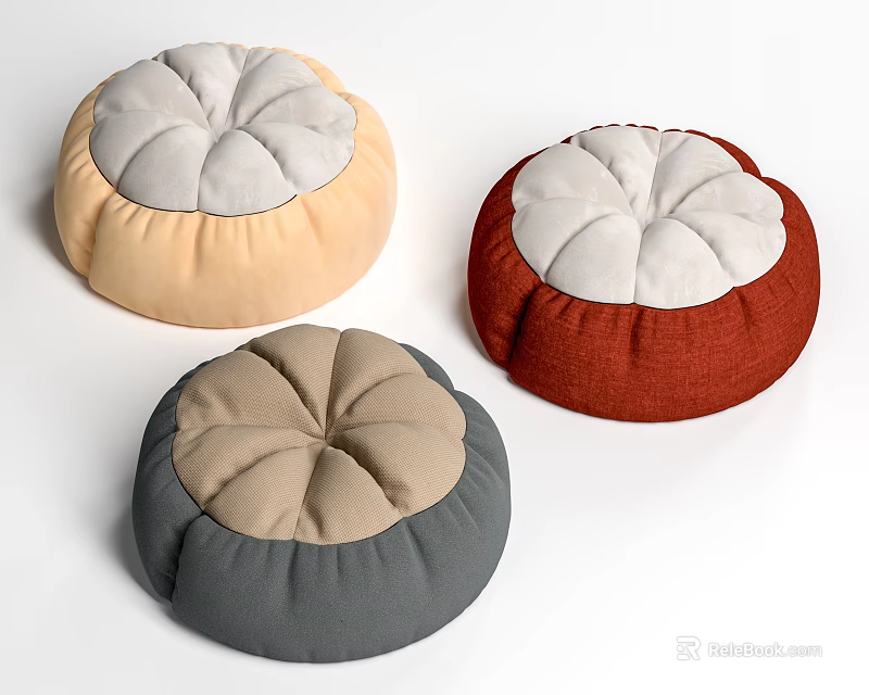 Round Fabric Poufs In Beige Red Gray With Petal Shaped Tops For Living Room 3d model 