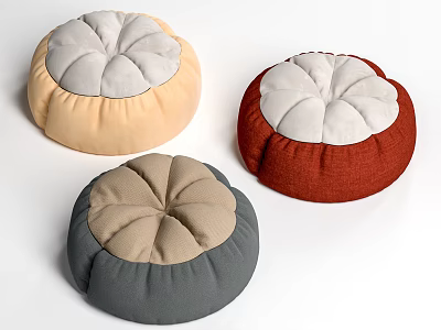 Round Fabric Poufs In Beige Red Gray With Petal Shaped Tops For Living Room 3d model