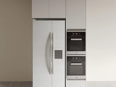 Stainless Steel Refrigerator Freezer in Modern Kitchen with White Cabinets and Built-in Ovens 3d model