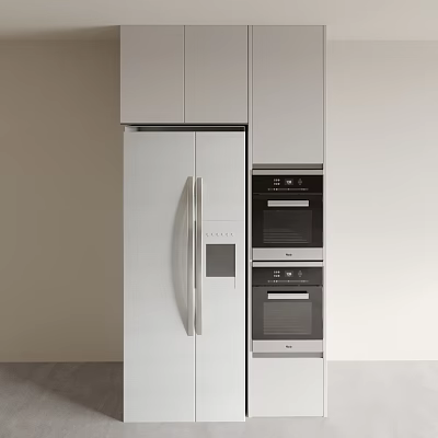 Stainless Steel Refrigerator Freezer in Modern Kitchen with White Cabinets and Built-in Ovens 3d model