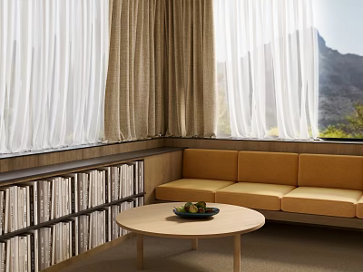 Study Room Interior With Curtains Window Mountain View Bookshelves Yellow Sofa Round Table And Fruit 3d model
