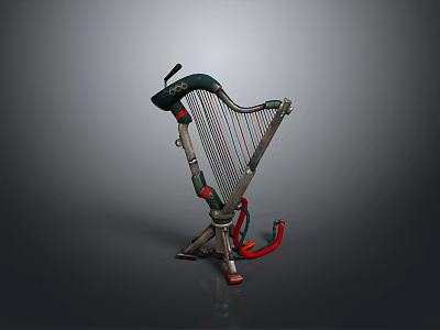 Modern 3D Model Green Gray Harp with Metallic Stand and Red Strings 3d model