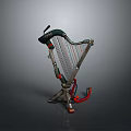 Modern 3D Model Green Gray Harp with Metallic Stand and Red Strings