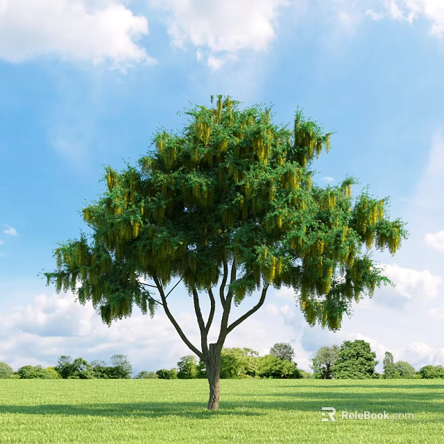Tall Arbor Tree With Lush Green Foliage And Yellow Hanging Blooms Under Blue Sky 3d model 
