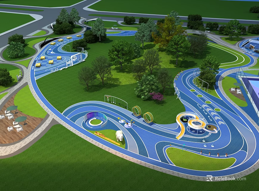 Park Landscape Featuring Winding Blue Running Track Green Lawn Trees and Playground Facilities 3d model 