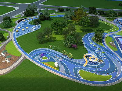 Park Landscape Featuring Winding Blue Running Track Green Lawn Trees and Playground Facilities 3d model