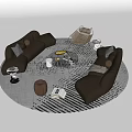 Beige Circular Sofa Coffee Table Set With Cushions Fruit Tray Ottoman And Striped Rug