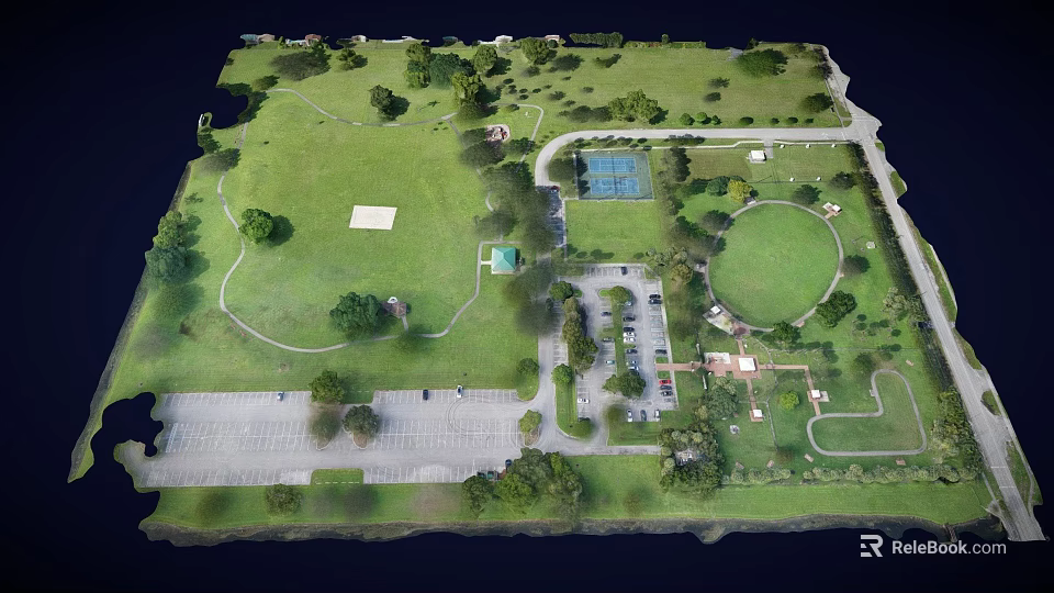 Aerial View of Park with Green Grass Trees Parking Lot and Basketball Court 3d model 