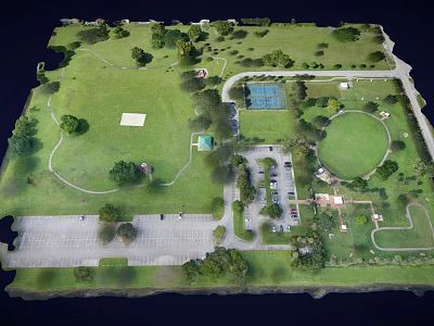 Aerial View of Park with Green Grass Trees Parking Lot and Basketball Court 3d model