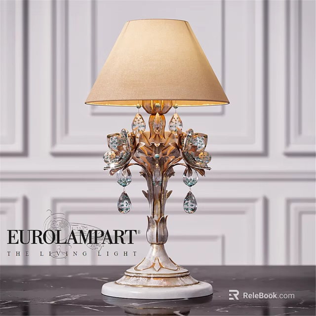 European Style Table Lamp With Carved Base Crystal Pendants And Beige Lampshade 3d model 