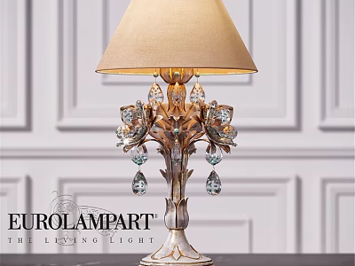 European Style Table Lamp With Carved Base Crystal Pendants And Beige Lampshade 3d model