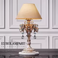 European Style Table Lamp With Carved Base Crystal Pendants And Beige Lampshade