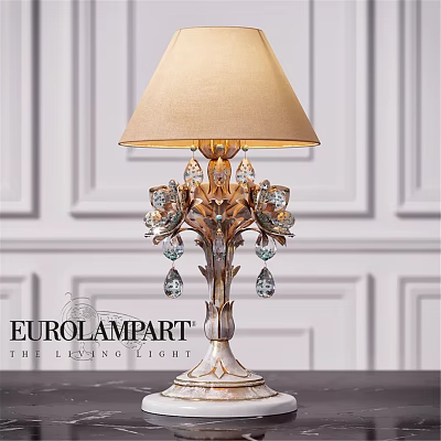 European Style Table Lamp With Carved Base Crystal Pendants And Beige Lampshade 3d model