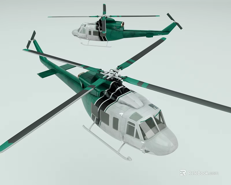 Two Green And White Helicopters Featuring Main Rotors And Tail Rotors 3d model 