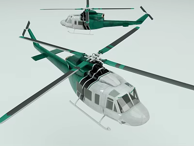 Two Green And White Helicopters Featuring Main Rotors And Tail Rotors 3d model