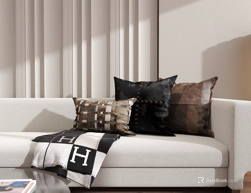 Decorative Throw Pillows On Light Colored Sofa With Different Textures Colors And Modern Design 3d model