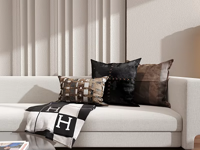 Decorative Throw Pillows On Light Colored Sofa With Different Textures Colors And Modern Design 3d model