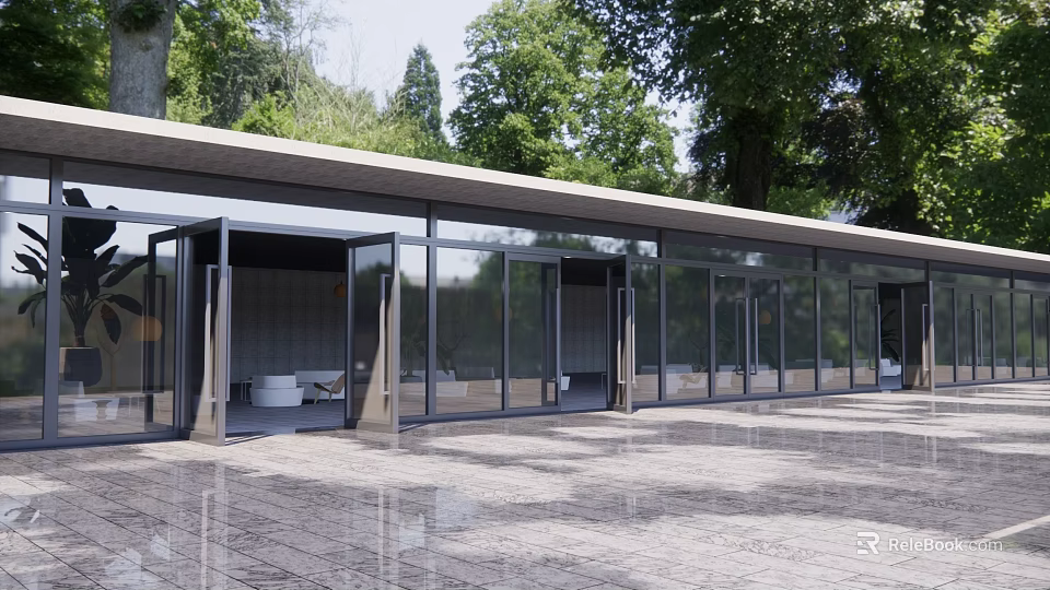 Modern Building With Glass Curtain Walls Courtyard And Surrounding Trees 3d model 