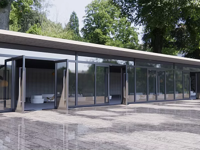 Modern Building With Glass Curtain Walls Courtyard And Surrounding Trees 3d model